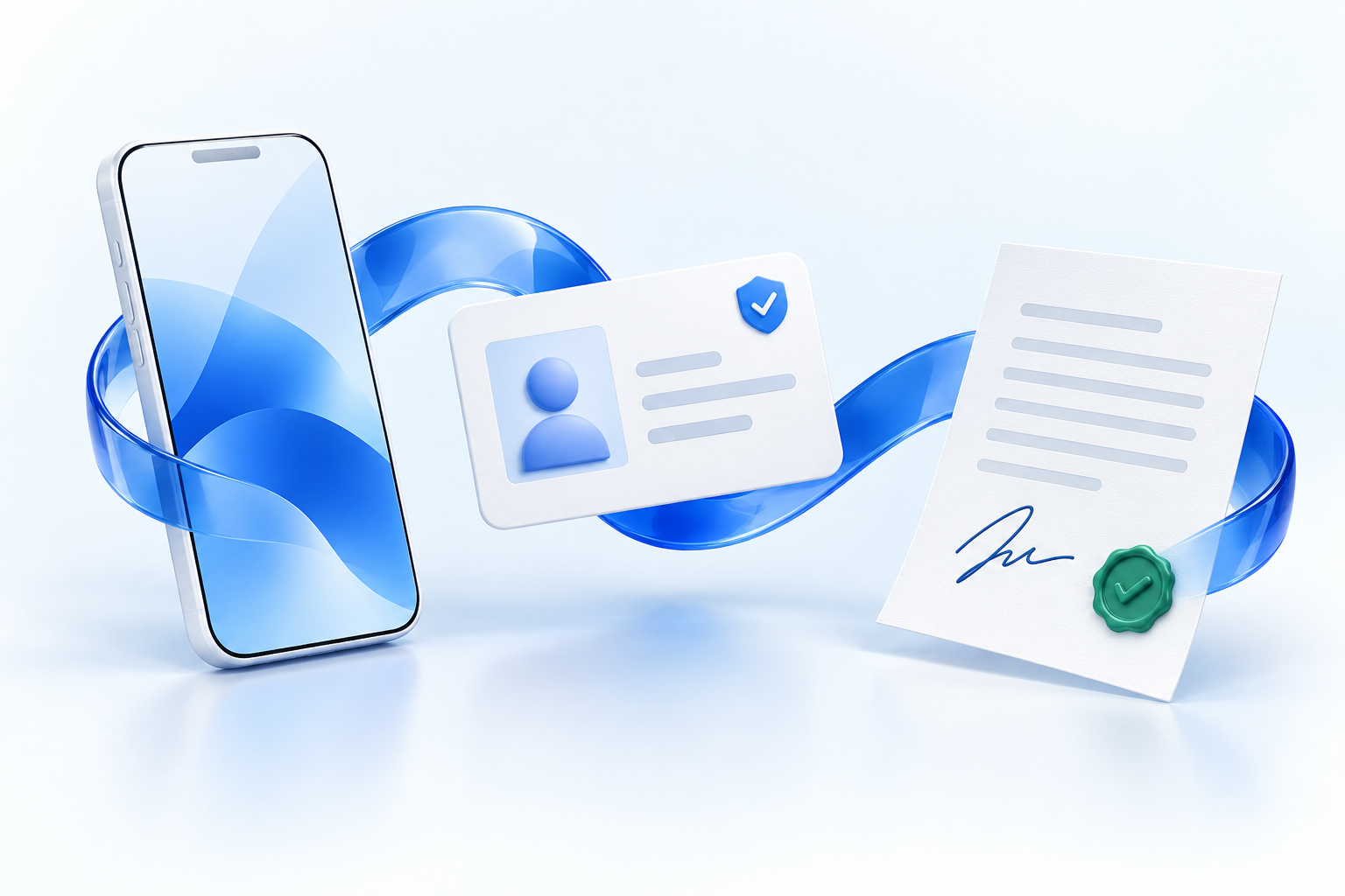 Illustration connecting a smartphone, verified identity and a signed document